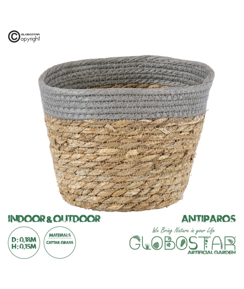 GloboStar® Artificial Garden ANTIPAROS 20288 Διακοσμητικό Πλεκτό Καλάθι - Κασπώ Γλάστρα - Flower Pot Μπεζ με Γκρι Φ18cm x Υ15cm
